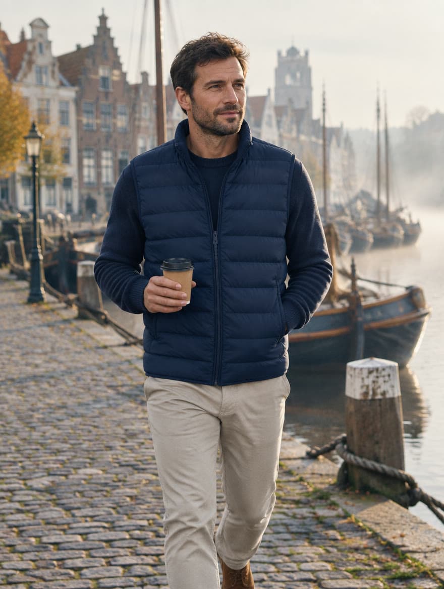 Man in een navy bodywarmer op de oude haven van Dordrecht, met koffie in de hand