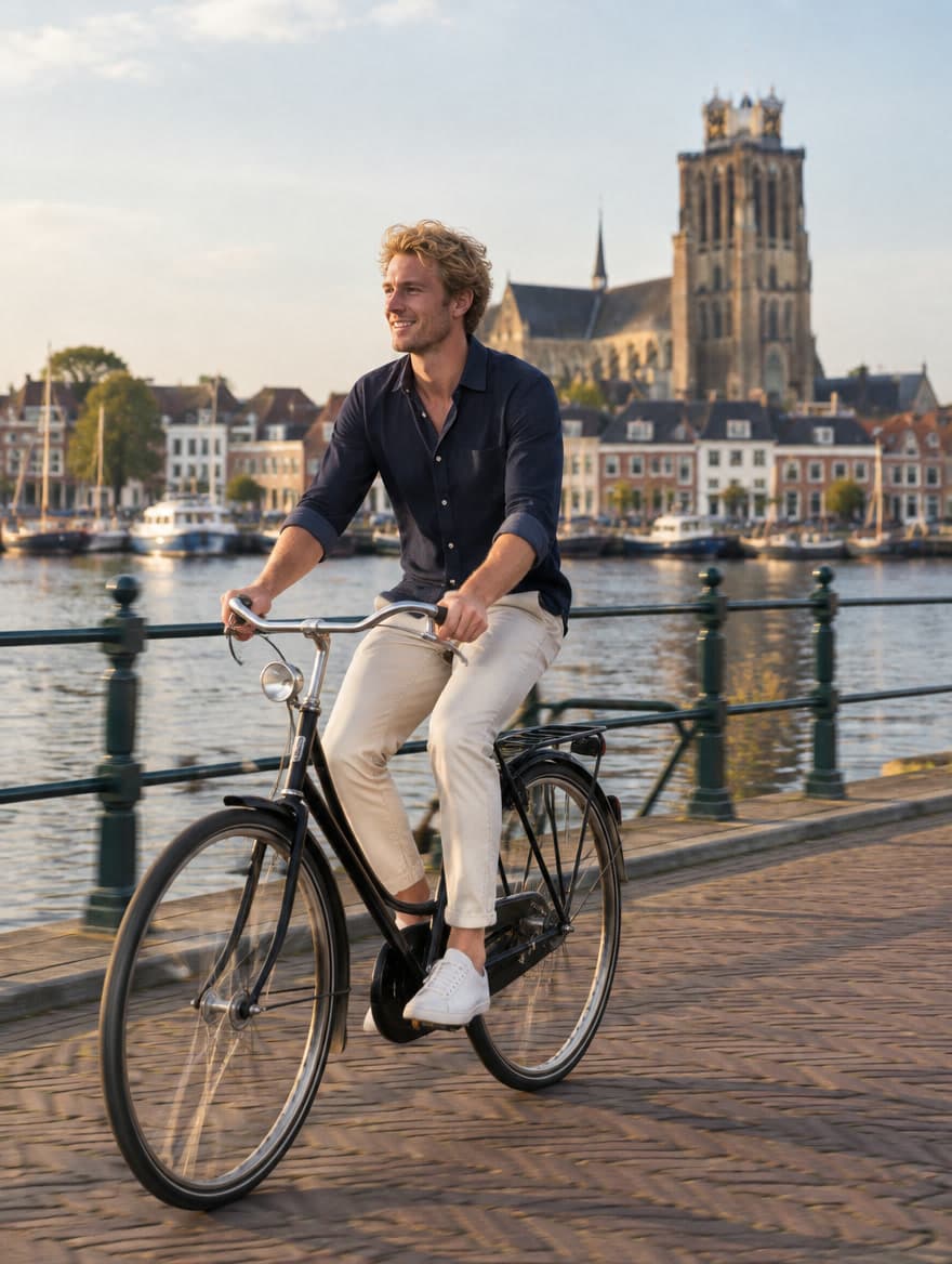 Man in een navy overhemd fietst over de kade in Dordrecht