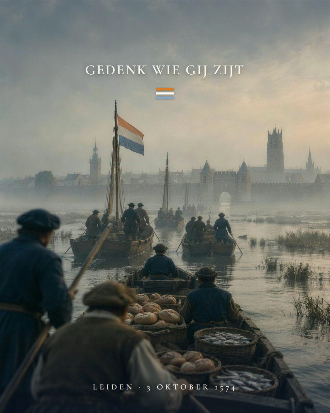 Boten met brood en haring varen over het ondergelopen land naar Leiden, op 3 oktober 1574.